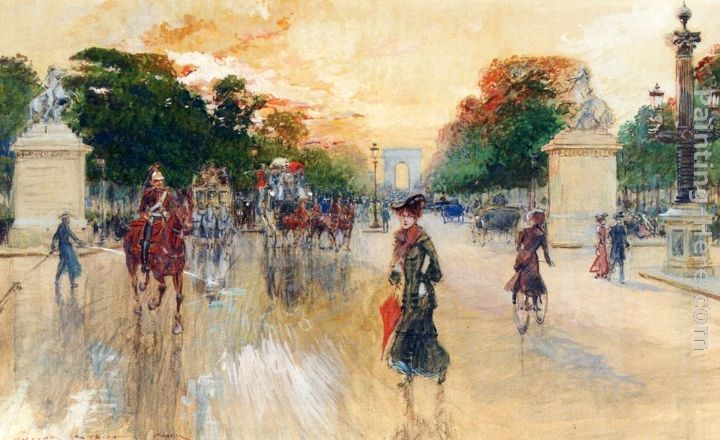 Georges Stein Busy Traffic On The Champs Elysees, Paris Painting ...