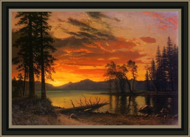Framed Albert Bierstadt sunset over the river painting