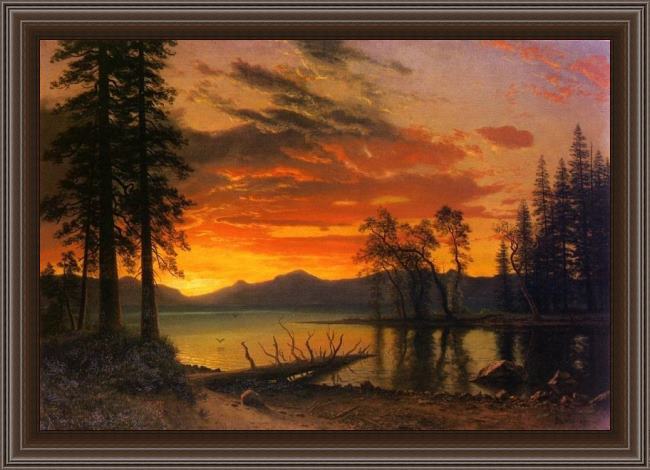 Framed Albert Bierstadt sunset over the river painting