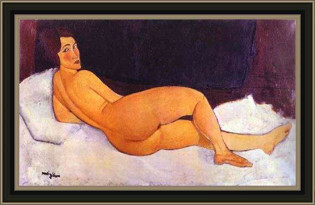 Framed Amedeo Modigliani nude looking over her right shoulder painting