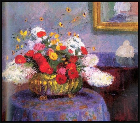 Framed Bernhard Gutmann still life round bowl with flowers painting