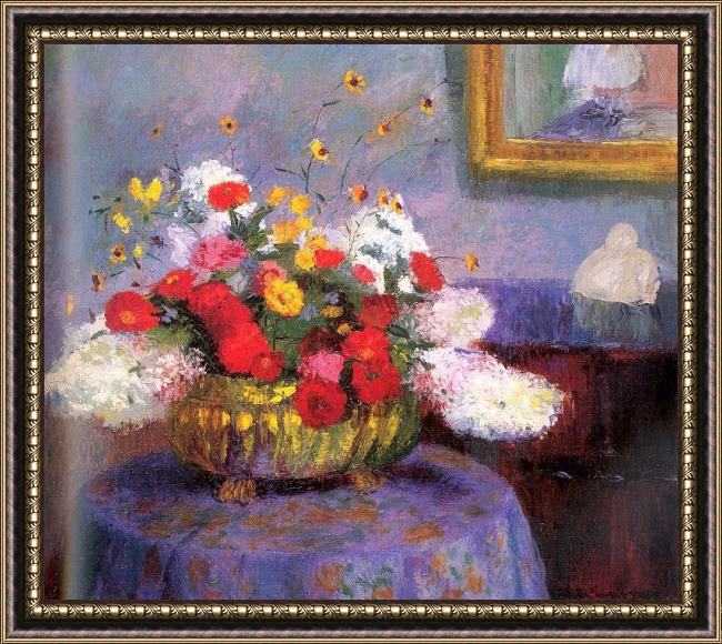 Framed Bernhard Gutmann still life round bowl with flowers painting