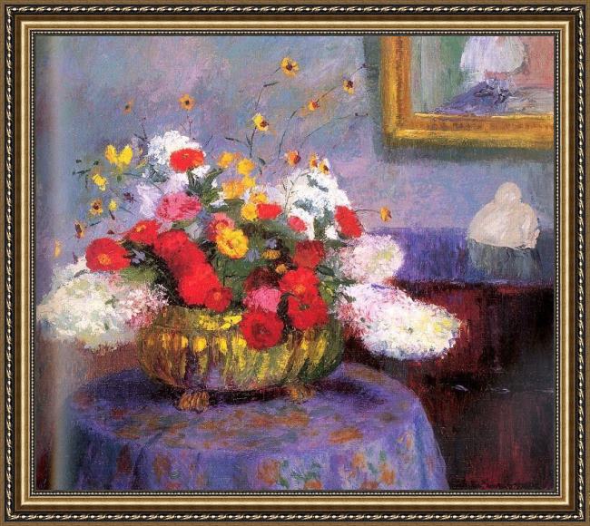 Framed Bernhard Gutmann still life round bowl with flowers painting