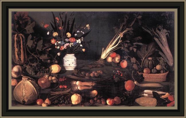 Framed Caravaggio still life with flowers and fruit painting