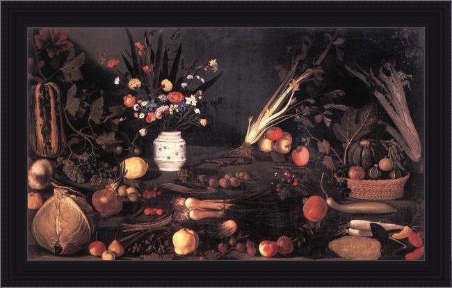 Framed Caravaggio still life with flowers and fruit painting