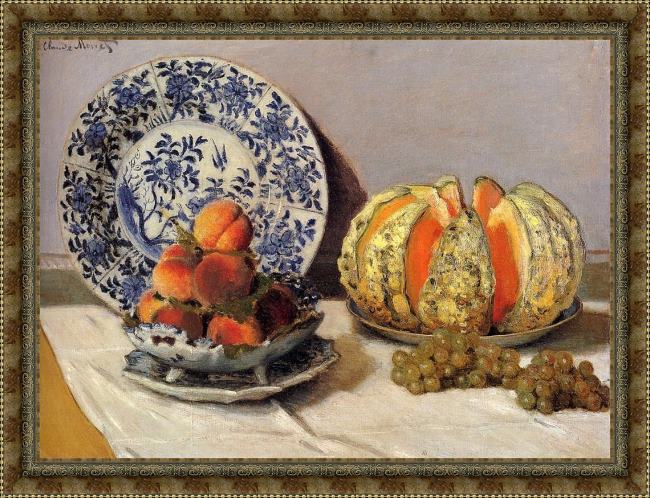 Framed Claude Monet still life with melon painting