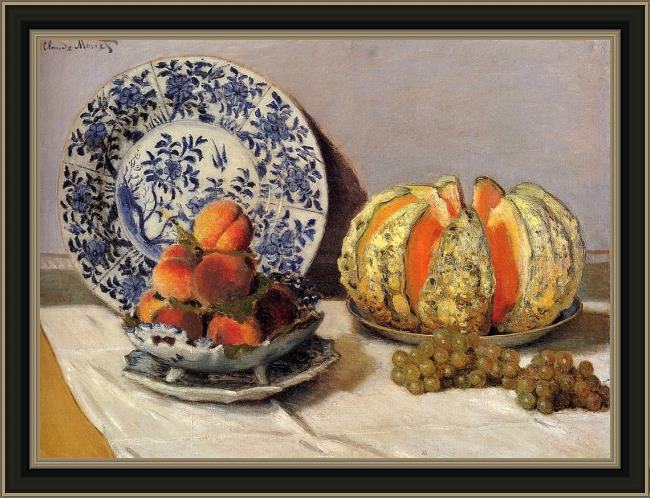 Framed Claude Monet still life with melon painting