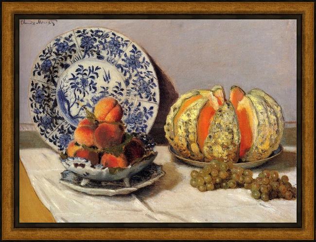 Framed Claude Monet still life with melon painting
