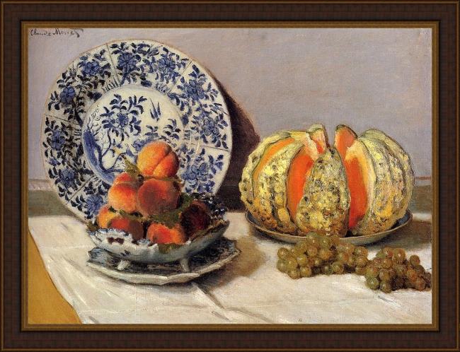 Framed Claude Monet still life with melon painting