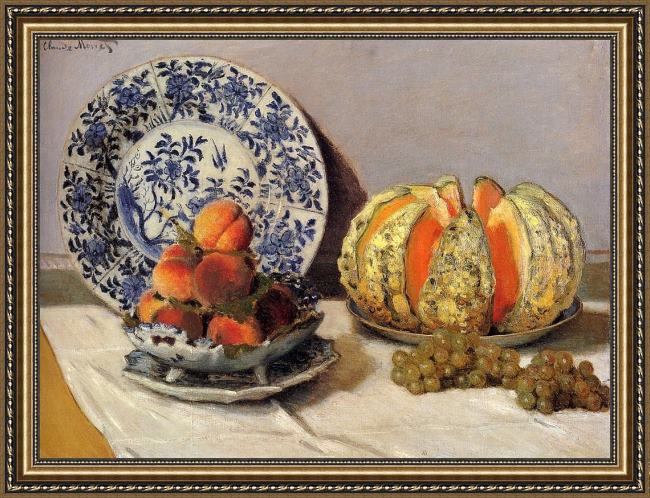 Framed Claude Monet still life with melon painting