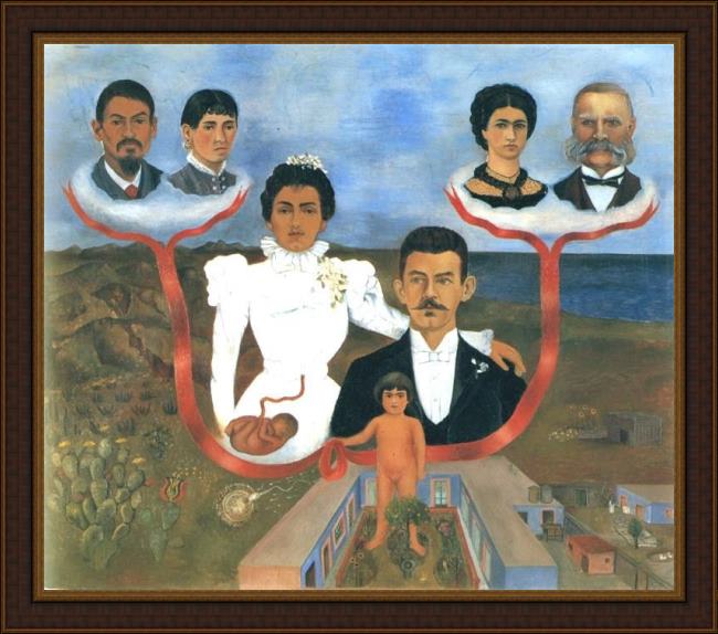 Framed Frida Kahlo family tree my grandparents my parents and i painting