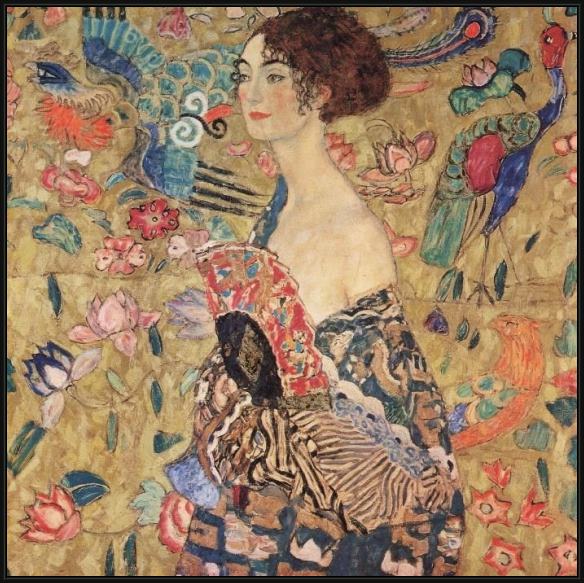 Framed Gustav Klimt donna con ventaglio (woman with fan) painting
