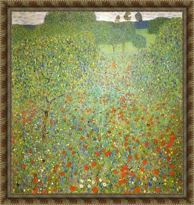 Framed Gustav Klimt poppy field painting