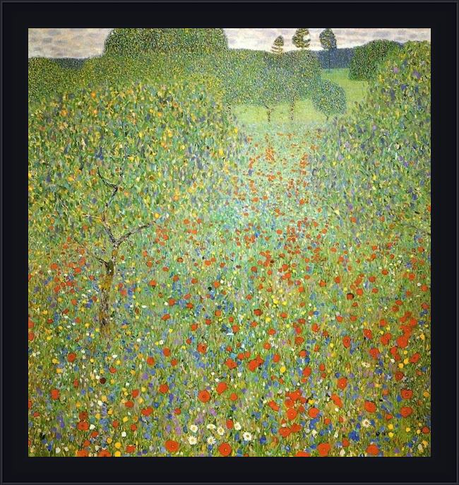 Framed Gustav Klimt poppy field painting