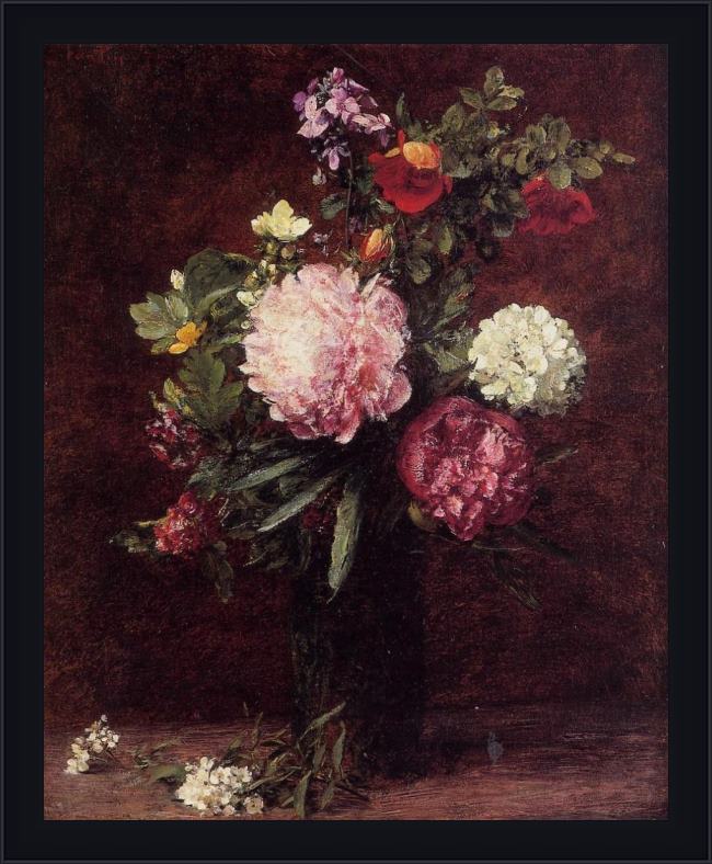 Framed Henri Fantin-Latour flowers large bouquet with three peonies painting