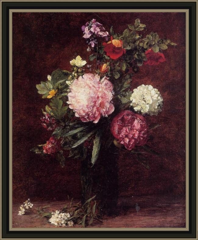 Framed Henri Fantin-Latour flowers large bouquet with three peonies painting