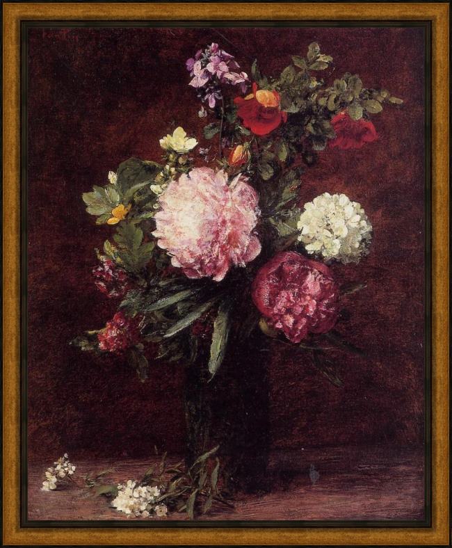Framed Henri Fantin-Latour flowers large bouquet with three peonies painting