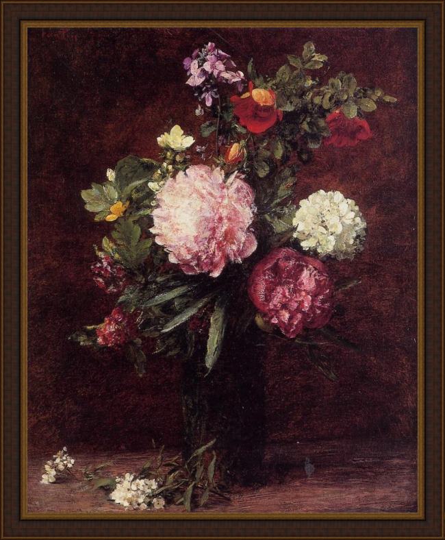 Framed Henri Fantin-Latour flowers large bouquet with three peonies painting