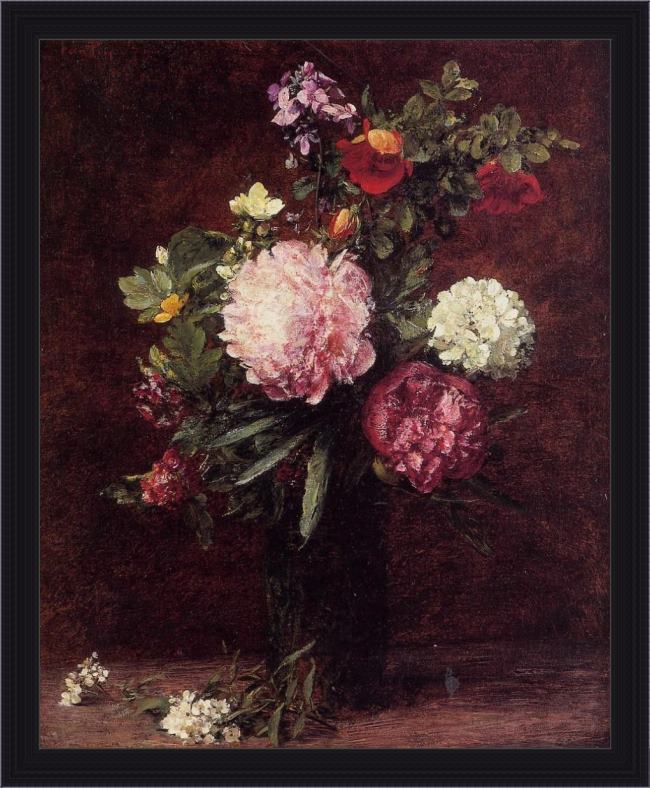 Framed Henri Fantin-Latour flowers large bouquet with three peonies painting