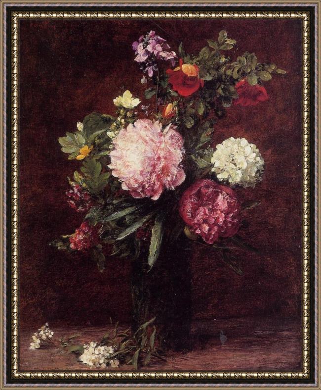 Framed Henri Fantin-Latour flowers large bouquet with three peonies painting