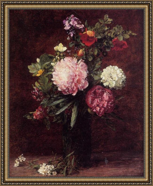 Framed Henri Fantin-Latour flowers large bouquet with three peonies painting