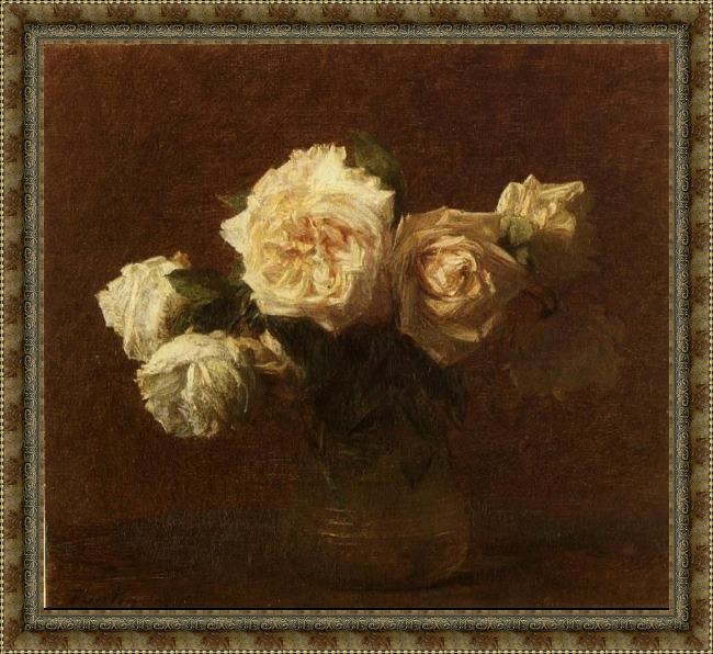 Framed Henri Fantin-Latour yellow pink roses in a glass vase painting