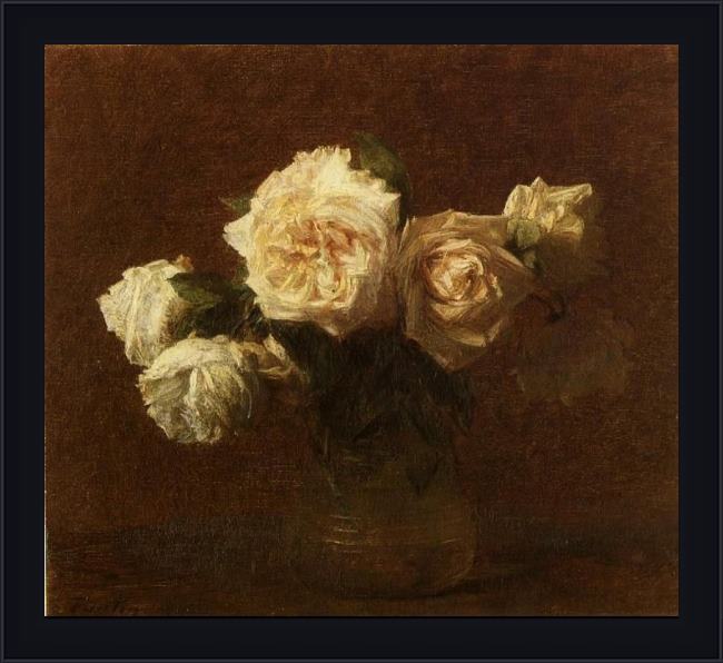 Framed Henri Fantin-Latour yellow pink roses in a glass vase painting