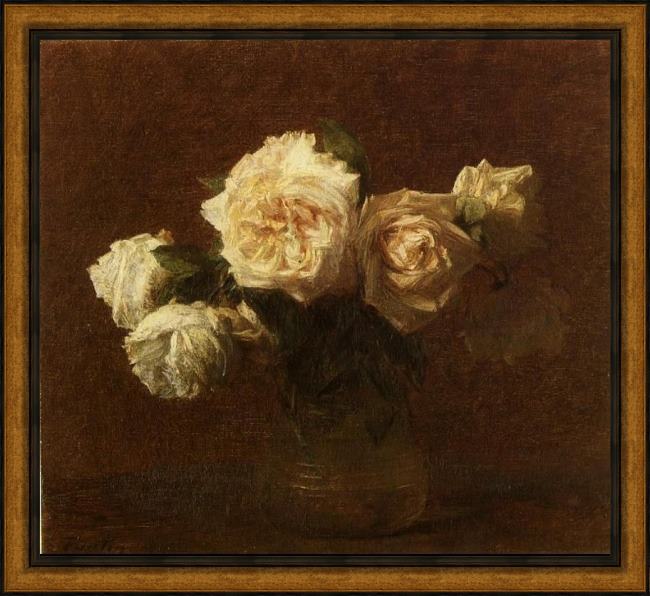 Framed Henri Fantin-Latour yellow pink roses in a glass vase painting
