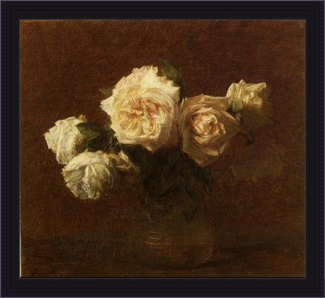 Framed Henri Fantin-Latour yellow pink roses in a glass vase painting