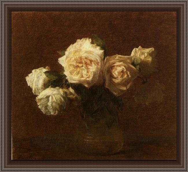 Framed Henri Fantin-Latour yellow pink roses in a glass vase painting