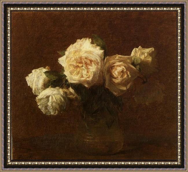 Framed Henri Fantin-Latour yellow pink roses in a glass vase painting