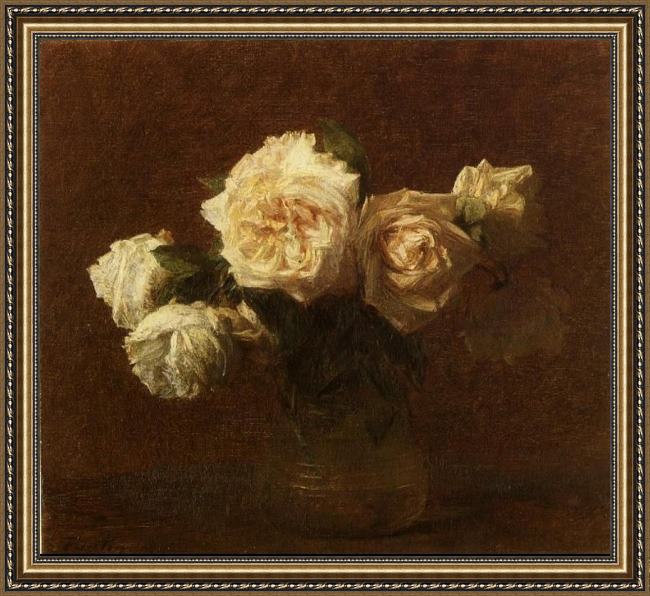 Framed Henri Fantin-Latour yellow pink roses in a glass vase painting