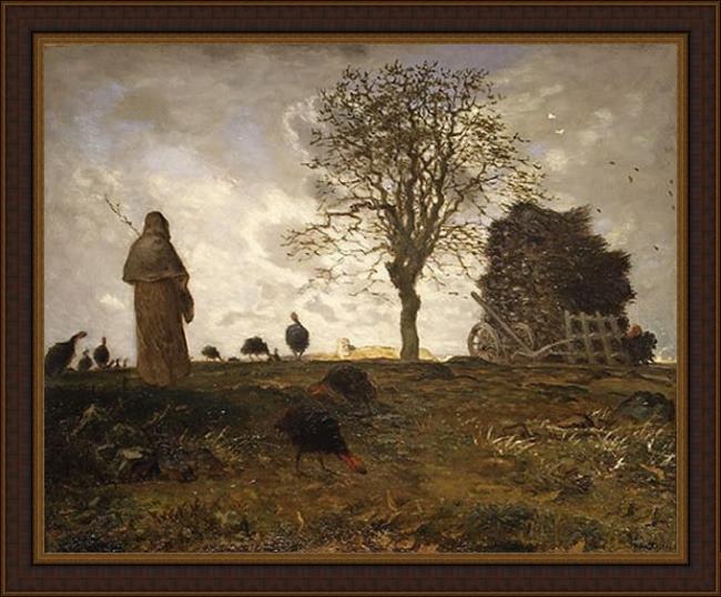 Framed Jean Francois Millet autumn landscape with a flock of turkeys painting
