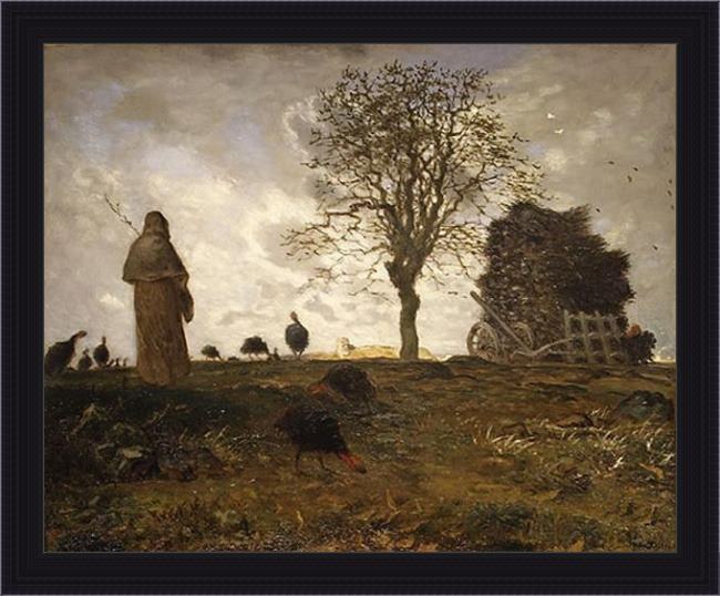 Framed Jean Francois Millet autumn landscape with a flock of turkeys painting