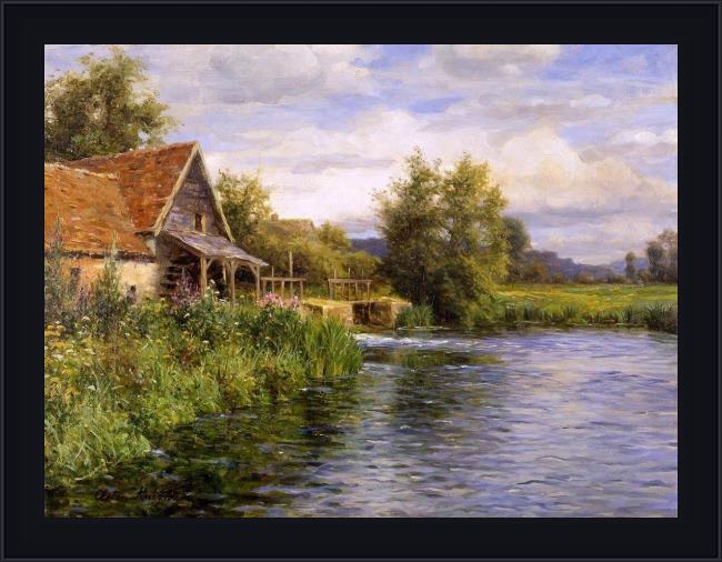 Framed Louis Aston Knight cottage by the river painting