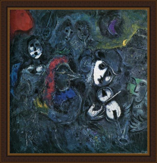 Framed Marc Chagall clowns at night painting