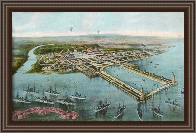 Framed Norman Parkinson illustration of jamestown exposition, virginia painting