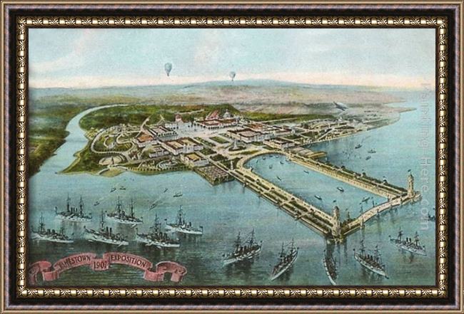 Framed Norman Parkinson illustration of jamestown exposition, virginia painting