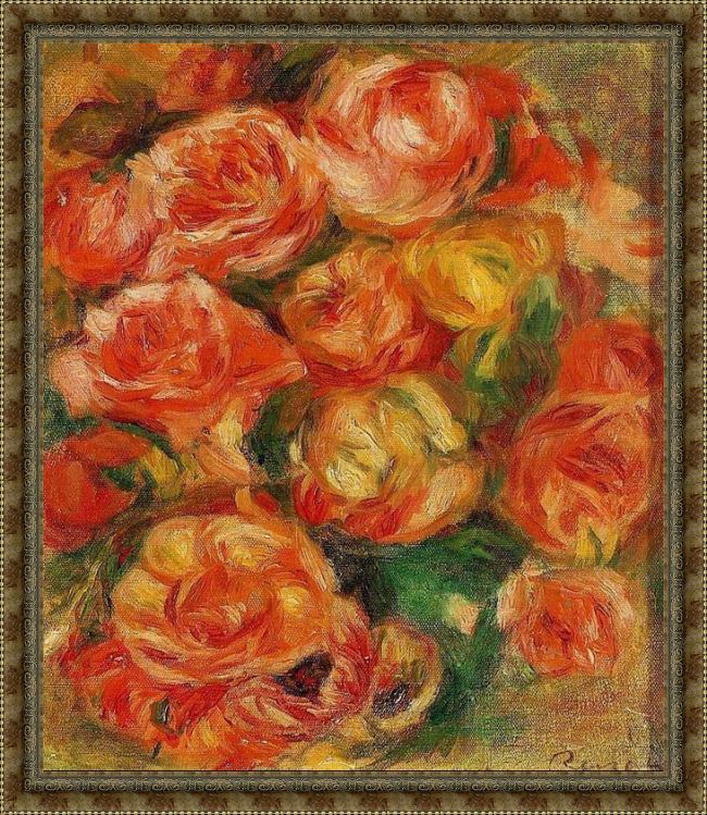 Framed Pierre Auguste Renoir a bowlful of roses painting