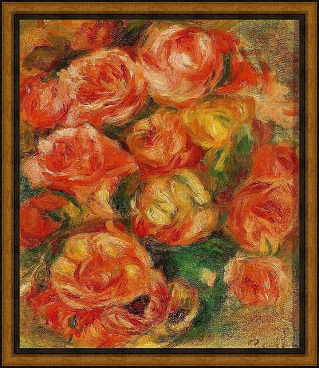 Framed Pierre Auguste Renoir a bowlful of roses painting