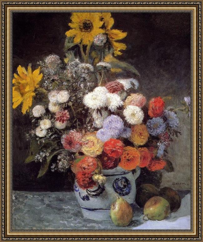 Framed Pierre Auguste Renoir mixed flowers in an earthware pot painting