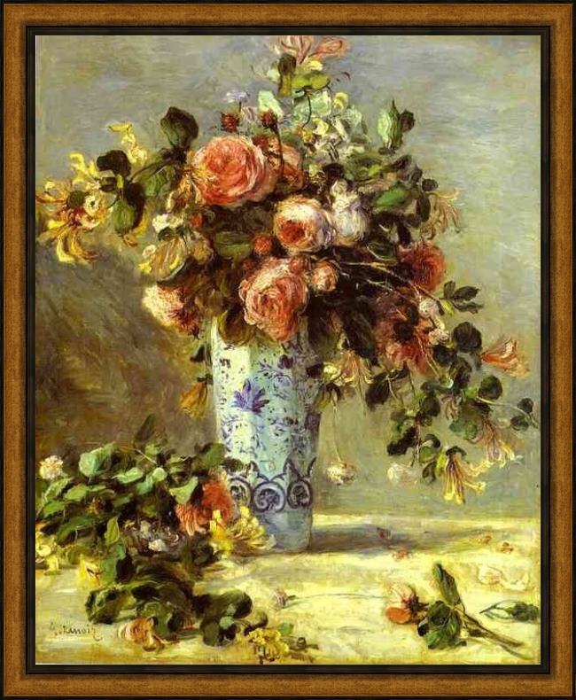 Framed Pierre Auguste Renoir roses and jasmin in a delft vase painting