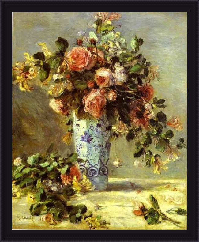 Framed Pierre Auguste Renoir roses and jasmin in a delft vase painting