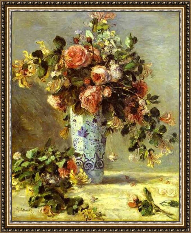 Framed Pierre Auguste Renoir roses and jasmin in a delft vase painting