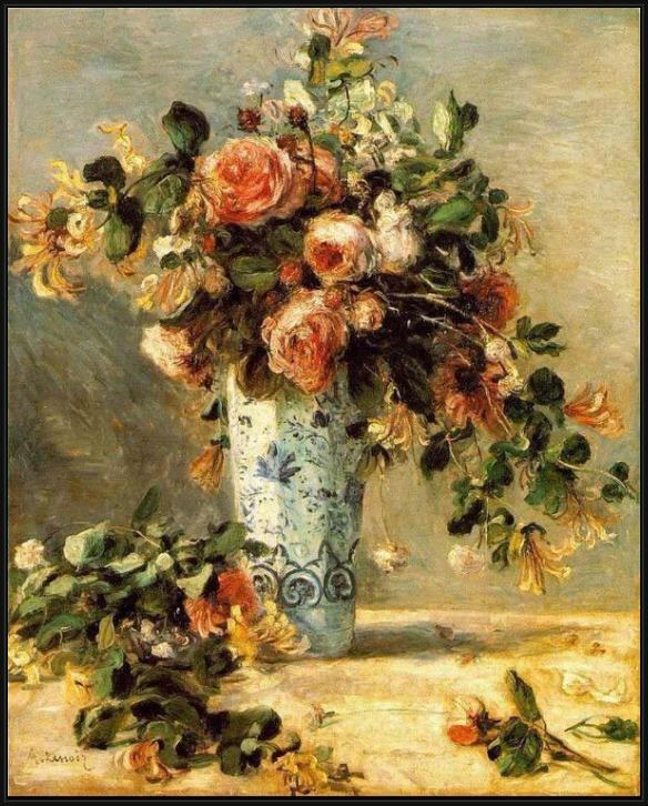 Framed Pierre Auguste Renoir roses and jasmine in a delft vase painting