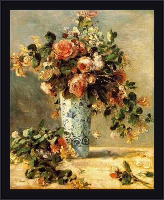 Framed Pierre Auguste Renoir roses and jasmine in a delft vase painting