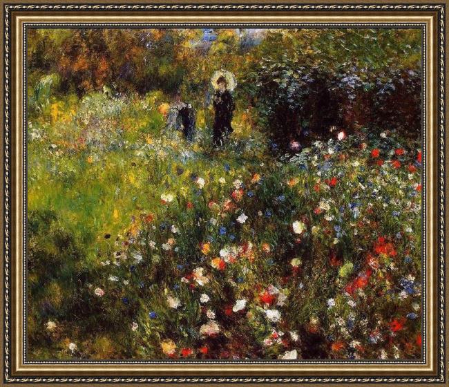 Framed Pierre Auguste Renoir summer landscape aka woman with a parasol in a garden painting