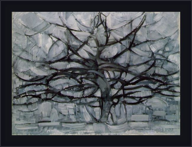 Framed Piet Mondrian gray tree painting