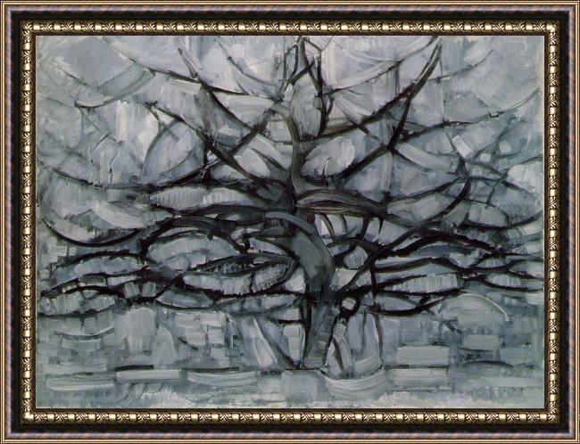 Framed Piet Mondrian gray tree painting