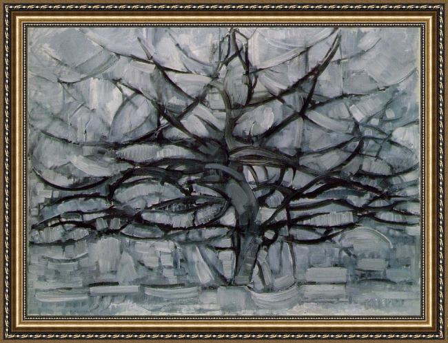 Framed Piet Mondrian gray tree painting